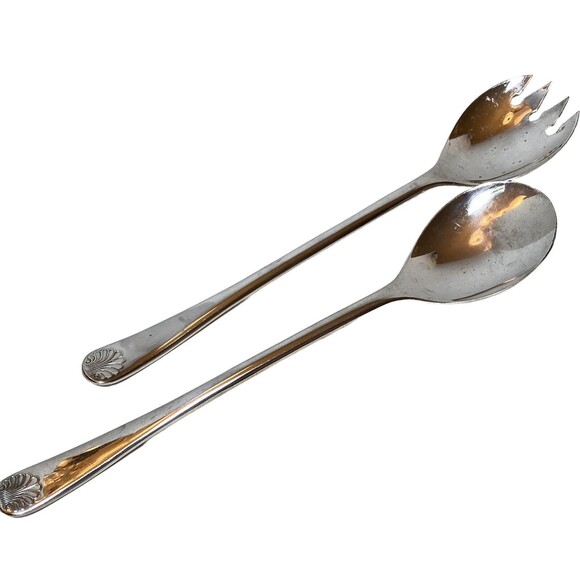 W A ITALY SILVERPLATED SHELL PATTERN SALAD SERVING FORK & SPOON SET - Picture 1 of 5